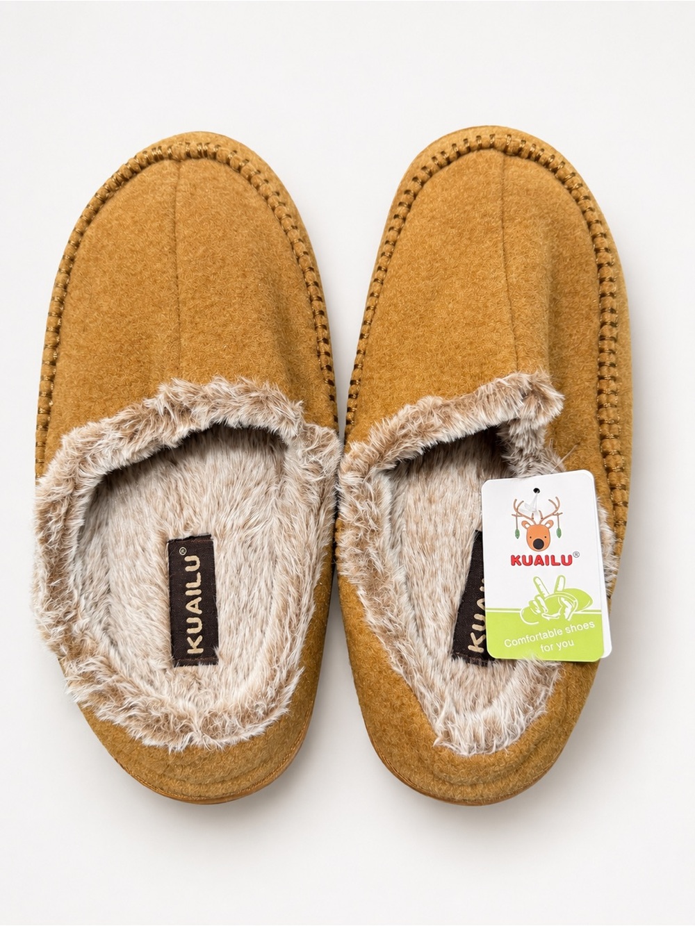 KUAILU Men’s Moccasin Slippers Size 12 Brown Faux Fur Lined Indoor Outdoor NWT